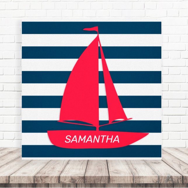 Nautical Navy Blue White Stripe Red Boat Monogram Canvas Print (Creator Uploaded)