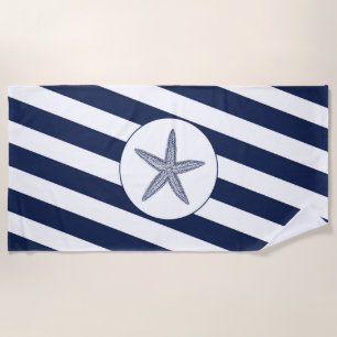 Nautical Navy Blue & White Stripe Starfish Beach Towel