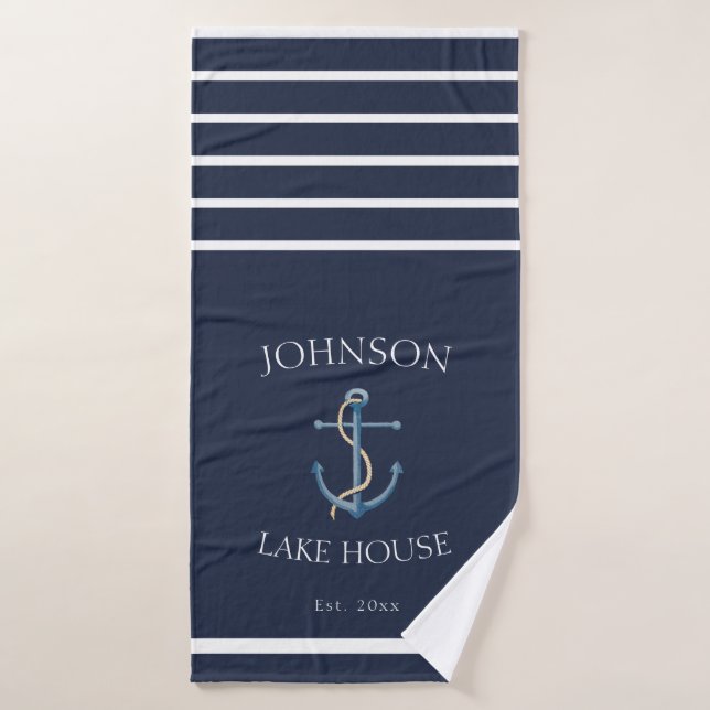 Nautical Navy Blue White Striped Anchor Bath Towel (Bath Towel)