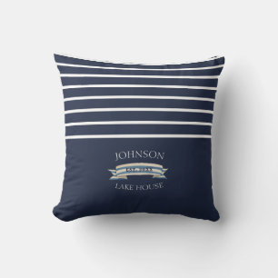 Nautical Navy Blue White Striped Anchor Cushion