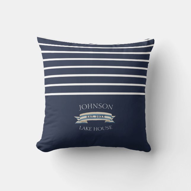 Nautical Navy Blue White Striped Anchor Cushion (Front)