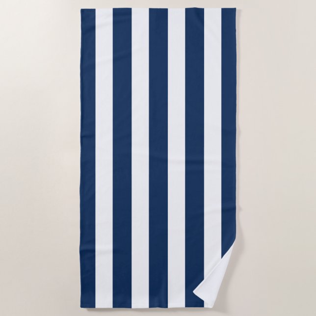 Nautical Navy Blue & White Striped Beach Towel (Front)
