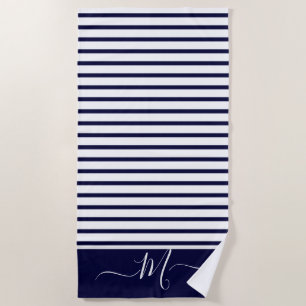 Nautical Navy Blue white Striped Monogram initial Beach Towel