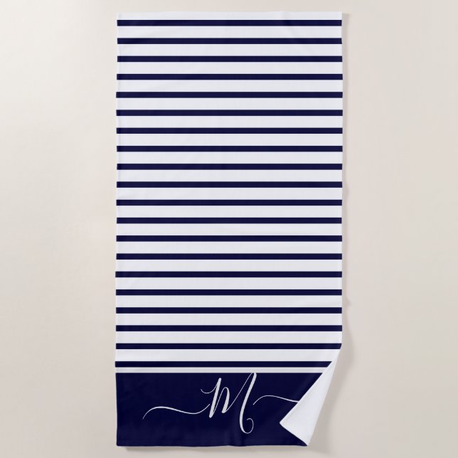 Nautical Navy Blue white Striped Monogram initial  Beach Towel (Front)