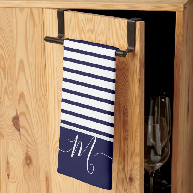 Nautical Navy Blue white Striped Monogram initial  Tea Towel (Thirds Fold)
