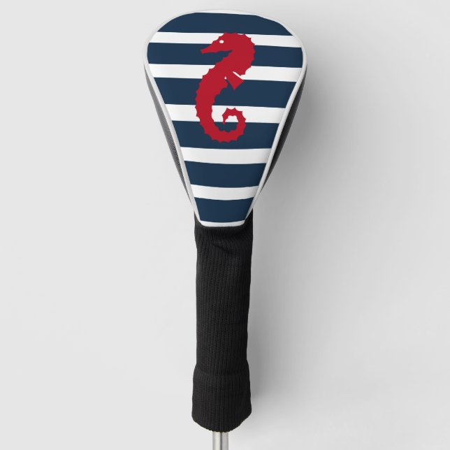 Nautical Navy Blue White Striped Red Seahorse Golf Head Cover (Front)