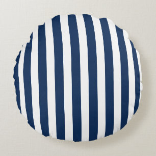 Nautical Navy Blue & White Striped  Round Cushion