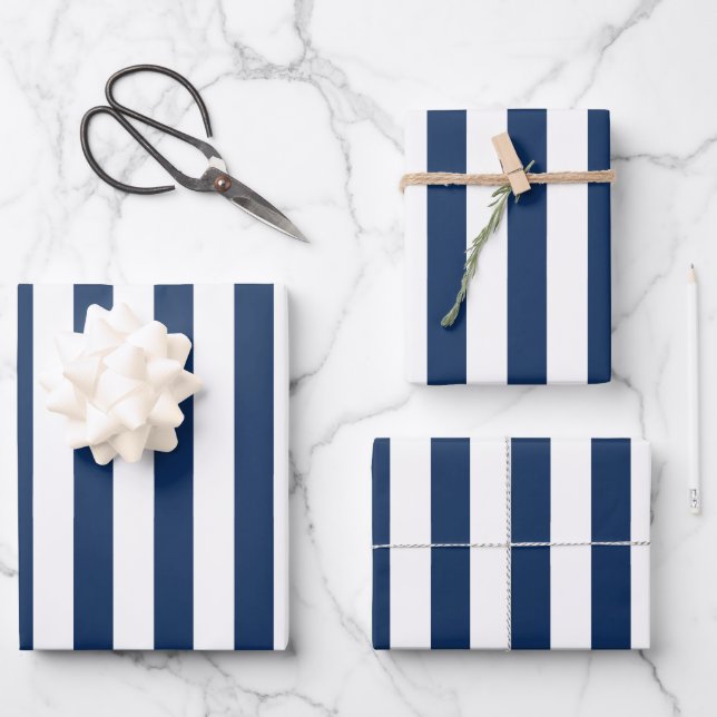 Nautical Navy Blue & White Striped  Wrapping Paper Sheet (Front)