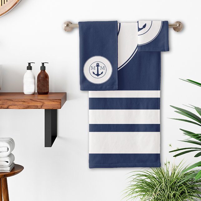 Nautical Navy Blue White Stripes Anchor Monogram Bath Towel Set (Creator Uploaded)
