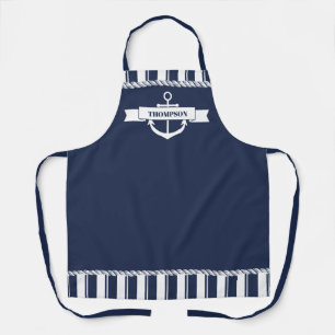 Nautical Navy Blue White Stripes Anchor Name Apron