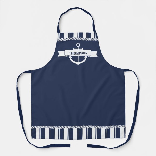 Nautical Navy Blue White Stripes Anchor Name Apron (Front)