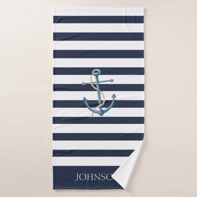 Nautical Navy Blue White Stripes Anchor Name Bath Towel (Bath Towel)