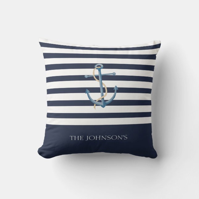 Nautical Navy Blue White Stripes Anchor Name Cushion (Front)