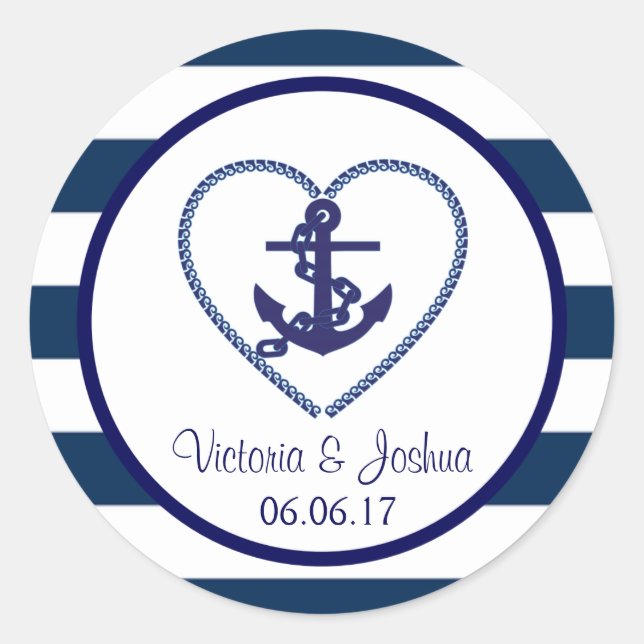 Nautical Navy Blue White Stripes Anchor Wedding Classic Round Sticker (Front)