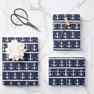 Nautical Navy Blue White Stripes Anchor Wrapping Paper Sheet