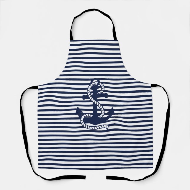 Nautical Navy blue White Stripes and Blue Anchor Apron (Front)