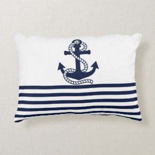 Nautical Navy blue White Stripes and Blue Anchor Decorative Cushion