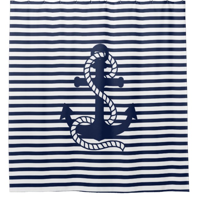 Nautical Navy Blue White Stripes and Blue Anchor Shower Curtain (Front)