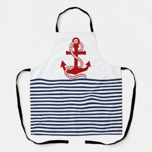 Nautical Navy blue White Stripes and Red Ancho Apron