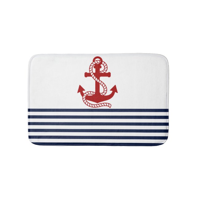 Nautical Navy Blue White Stripes and Red Anchor Bath Mat (Front)