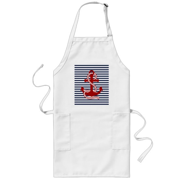 Nautical Navy Blue White Stripes and Red Anchor Long Apron (Front)