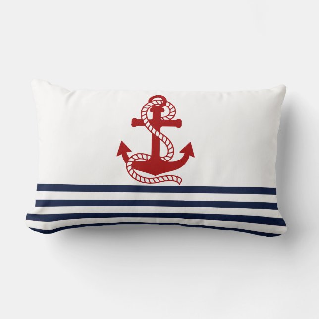 Nautical Navy blue White Stripes and Red Anchor Lumbar Cushion (Front)