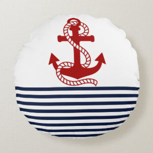 Nautical Navy blue White Stripes and Red Anchor Round Cushion