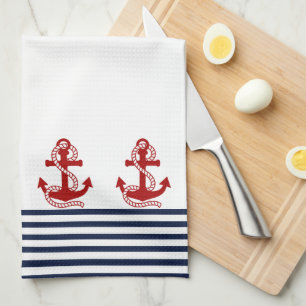 Nautical Navy Blue White Stripes and Red Anchor Tea Towel