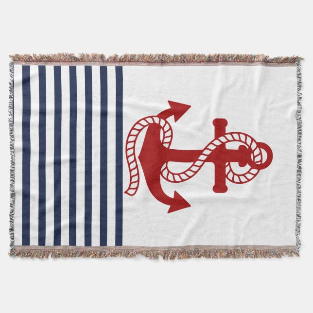 Nautical Navy blue White Stripes and Red Anchor Throw Blanket (Front)