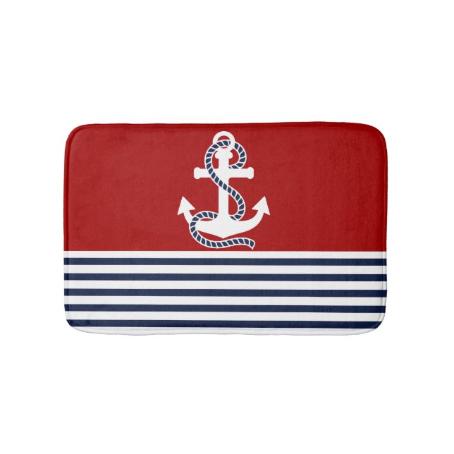 Nautical Navy Blue White Stripes and White Anchor Bath Mat (Front)
