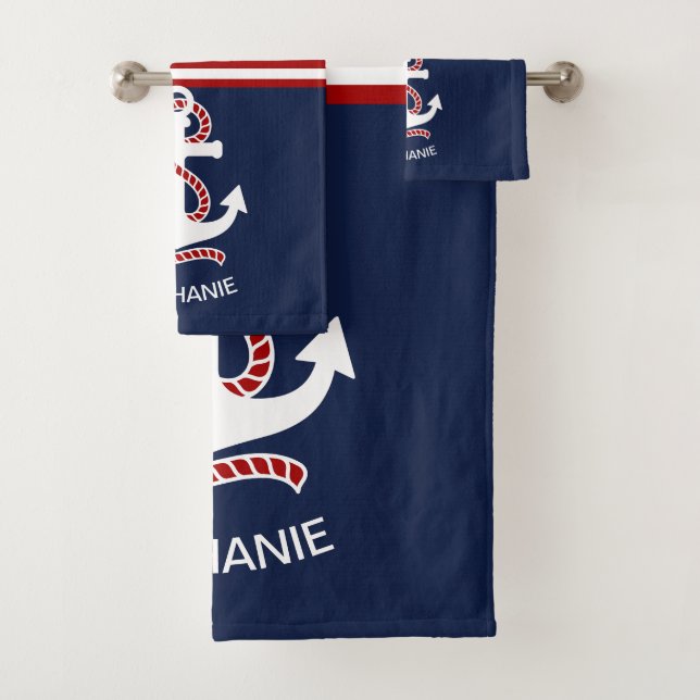 Nautical Navy blue White Stripes and White Anchor Bath Towel Set (Insitu)