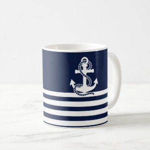 Nautical Navy Blue White Stripes and White Anchor Coffee Mug