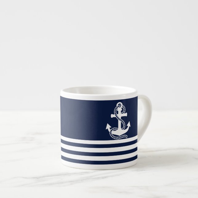 Nautical Navy Blue White Stripes and White Anchor Espresso Cup (Front Right)