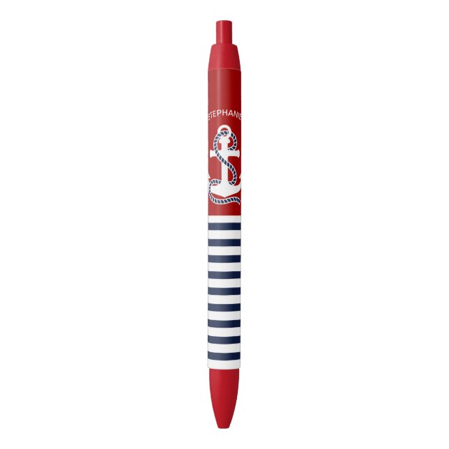 Nautical Navy blue White Stripes and White Anchor Ink Pen (Front Vertical)