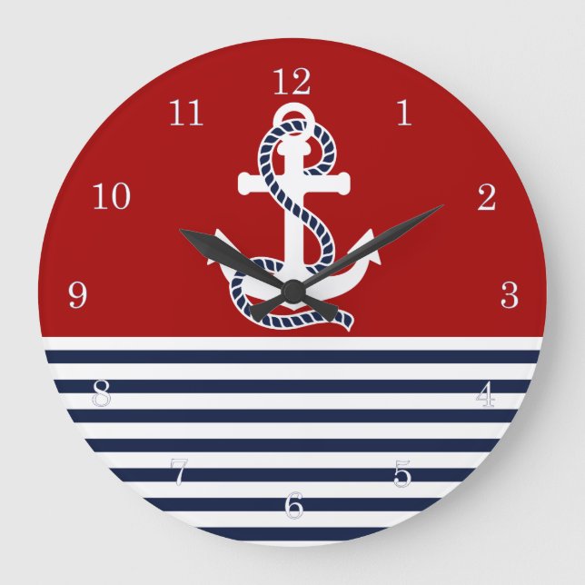 Nautical Navy Blue White Stripes and White Anchor Large Clock (Front)