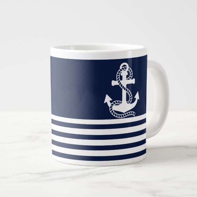 Nautical Navy Blue White Stripes and White Anchor Large Coffee Mug (Front Right)