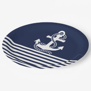 Nautical Navy blue White Stripes and White Anchor Paper Plate