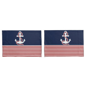 Nautical Navy blue White Stripes and White Anchor Pillowcase