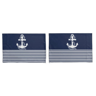 Nautical Navy blue White Stripes and White Anchor Pillowcase