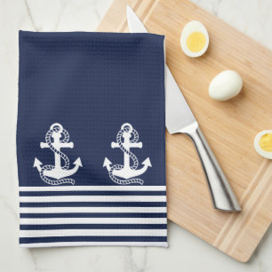 Nautical Navy Blue White Stripes and White Anchor Tea Towel