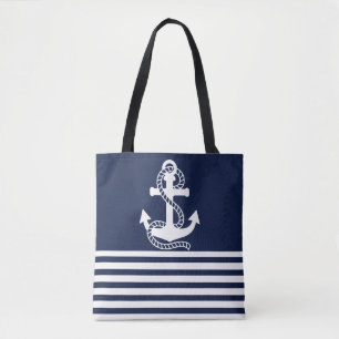 Nautical Navy blue White Stripes and White Anchor Tote Bag