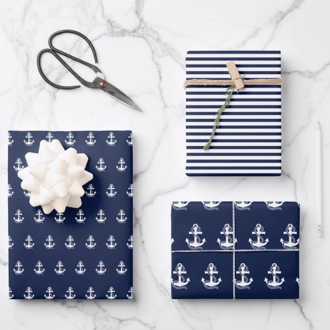 Nautical Navy blue White Stripes and White Anchor Wrapping Paper Sheet (Front)