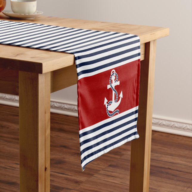 Nautical Navy Blue White Stripes and White Anchors Short Table Runner (In Situ)