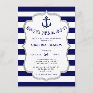 Nautical Navy Blue White Stripes BABY SHOWER Invitation