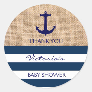 Nautical Navy Blue White Stripes Burlap Anchor Classic Round Sticker