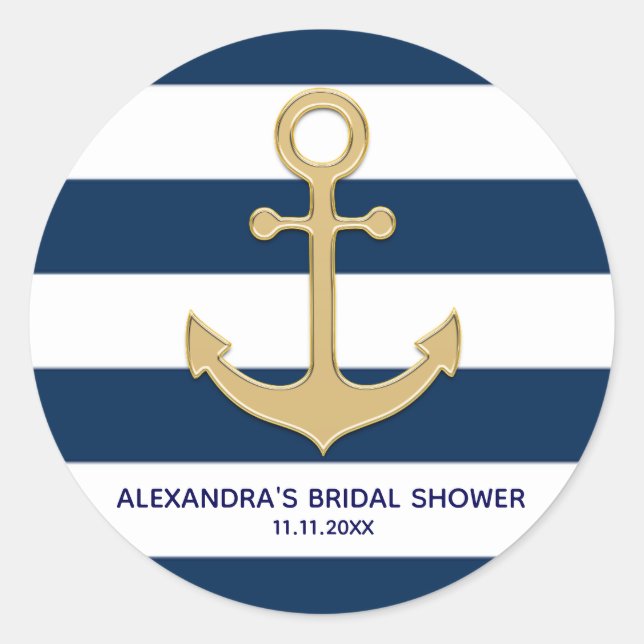 Nautical Navy Blue White Stripes Gold Anchor Classic Round Sticker (Front)