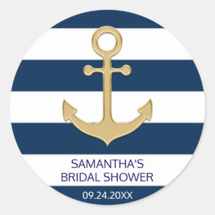 Nautical Navy Blue White Stripes Gold Anchor Classic Round Sticker