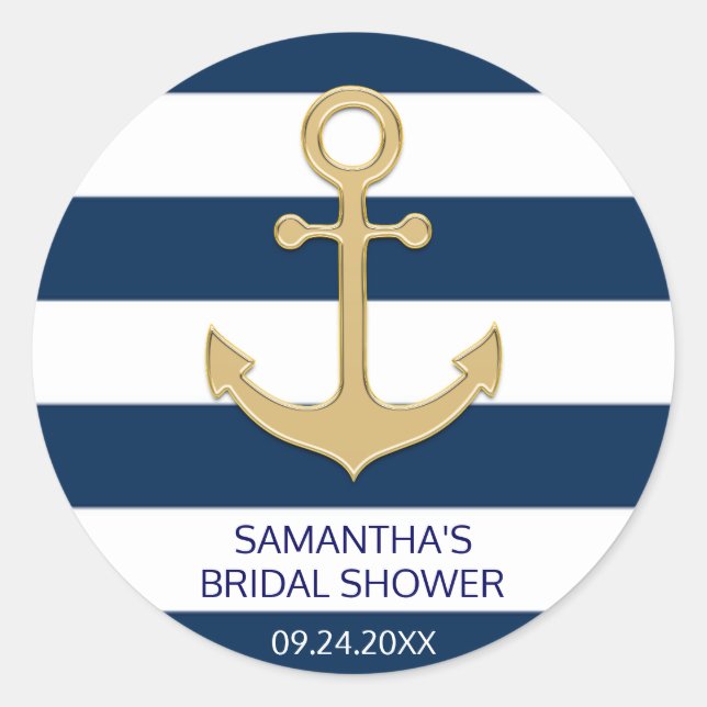 Nautical Navy Blue White Stripes Gold Anchor Classic Round Sticker (Front)