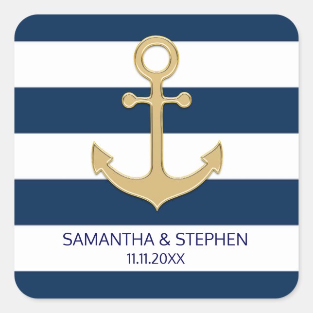 Nautical Navy Blue White Stripes Gold Anchor Square Sticker (Front)