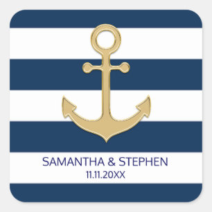 Nautical Navy Blue White Stripes Gold Anchor Square Sticker